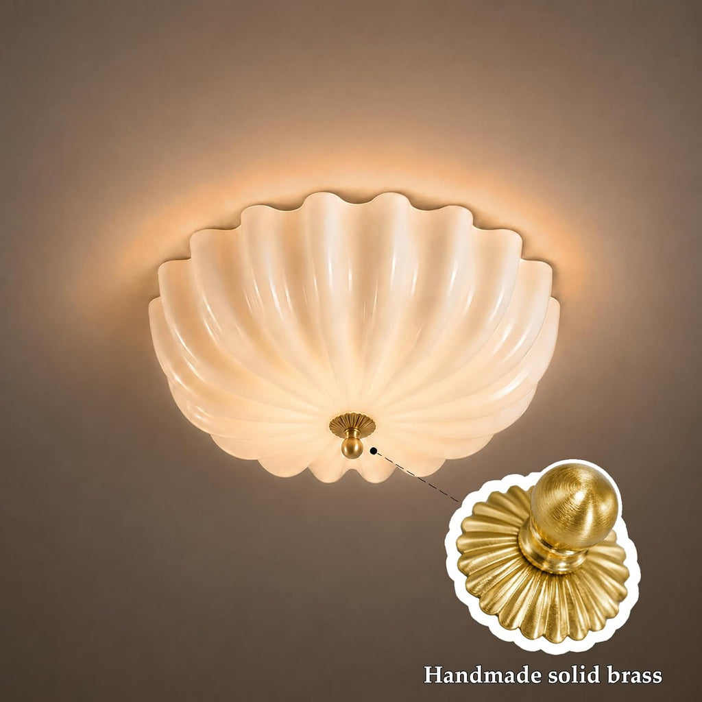 Gold Flush Mount Ceiling Light - 16″ Dimmable LED Milk Glass Light Fixture | Handcrafted Opal Glass and Solid Brass Light with Remote Control - A Luxury Choice for Bedroom Hallway Schoolhouse and Foyer