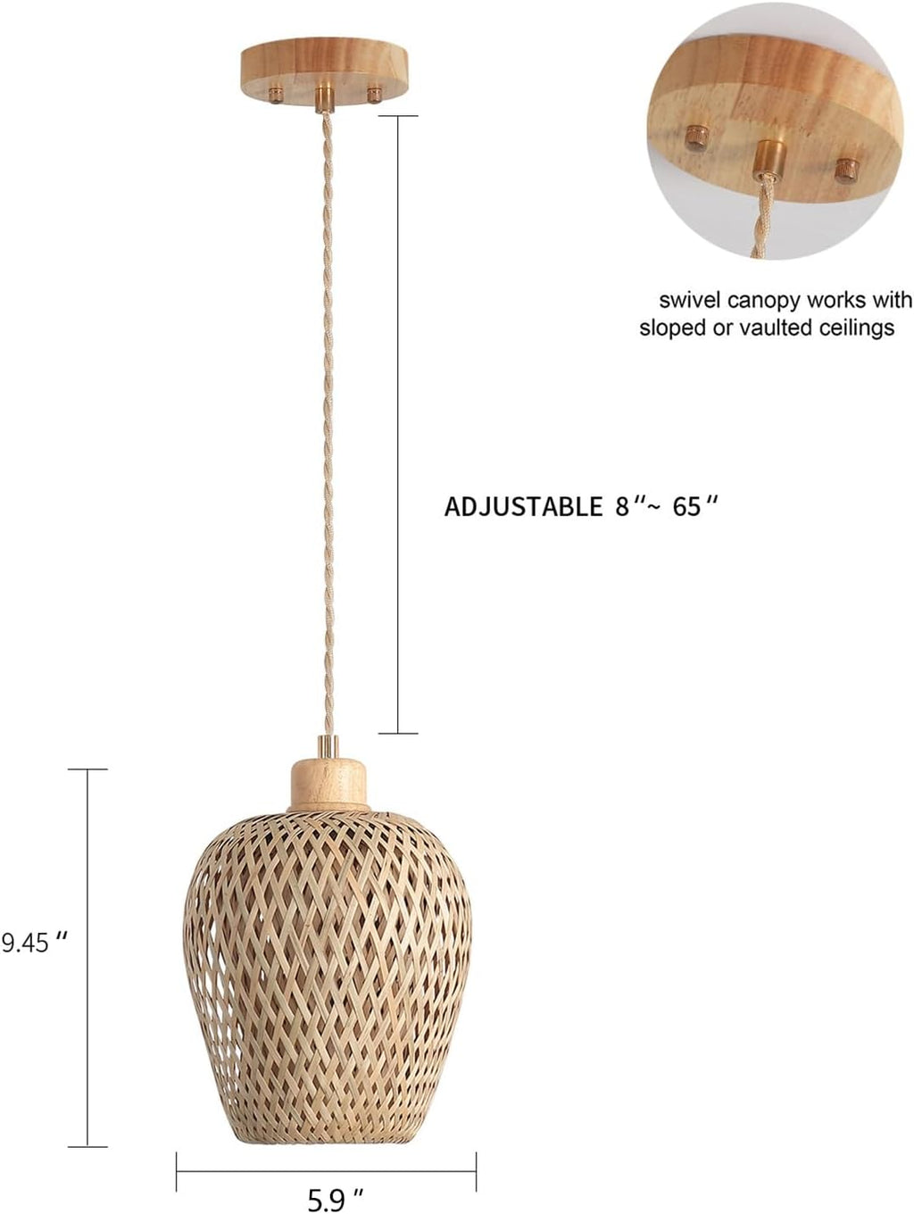 Bamboo Pendant Light Fixture One-Light Adjustable Boho Basket Handmade Woven Small Pendant Lighting for Kitchen Island Sink Bar Hallway Farmhouse