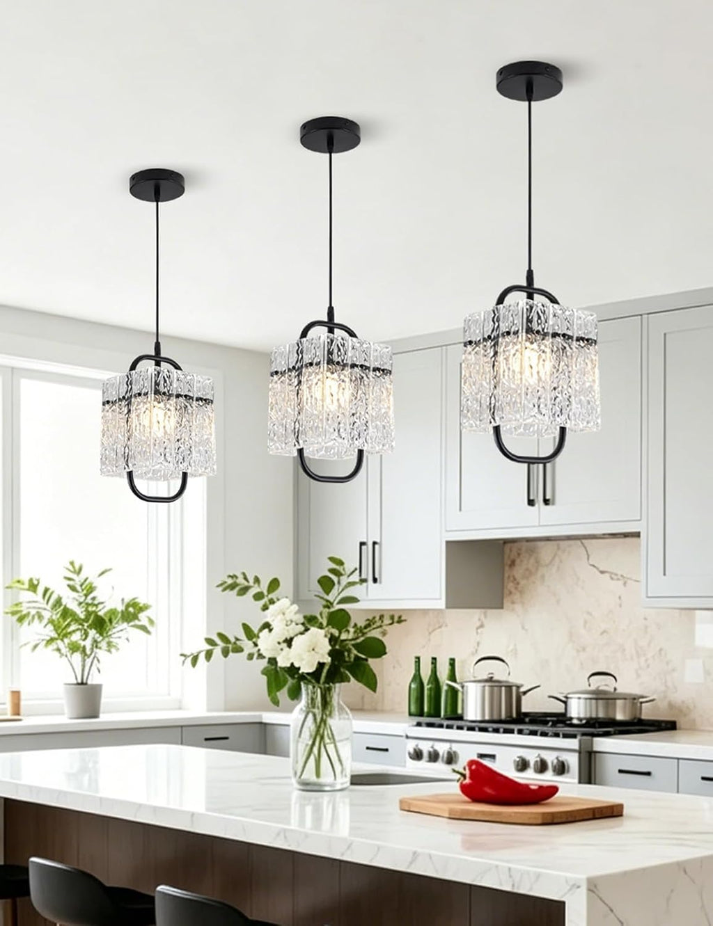 Black Crystal Pendant Light,Luxury Water Ripple Glass Chandelier,E26Bulb | 3.28 FT Modern Adjustable Hanging Light Fixture,Home Decor Lamp for Kitchen Island,Dining Room,Bedroom,Hallway,Bar