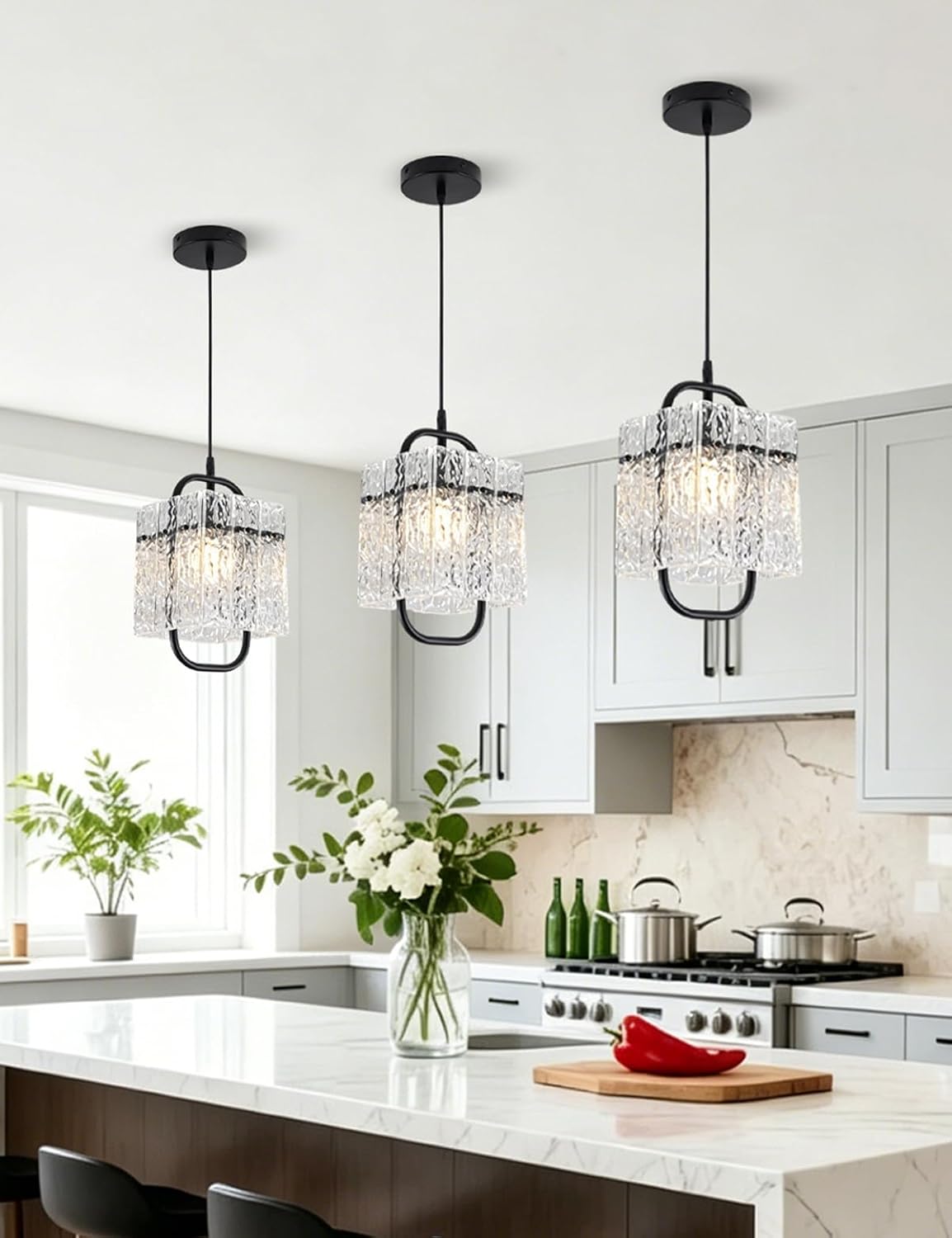 Black Crystal Pendant Light,Luxury Water Ripple Glass Chandelier,E26Bulb | 3.28 FT Modern Adjustable Hanging Light Fixture,Home Decor Lamp for Kitchen Island,Dining Room,Bedroom,Hallway,Bar