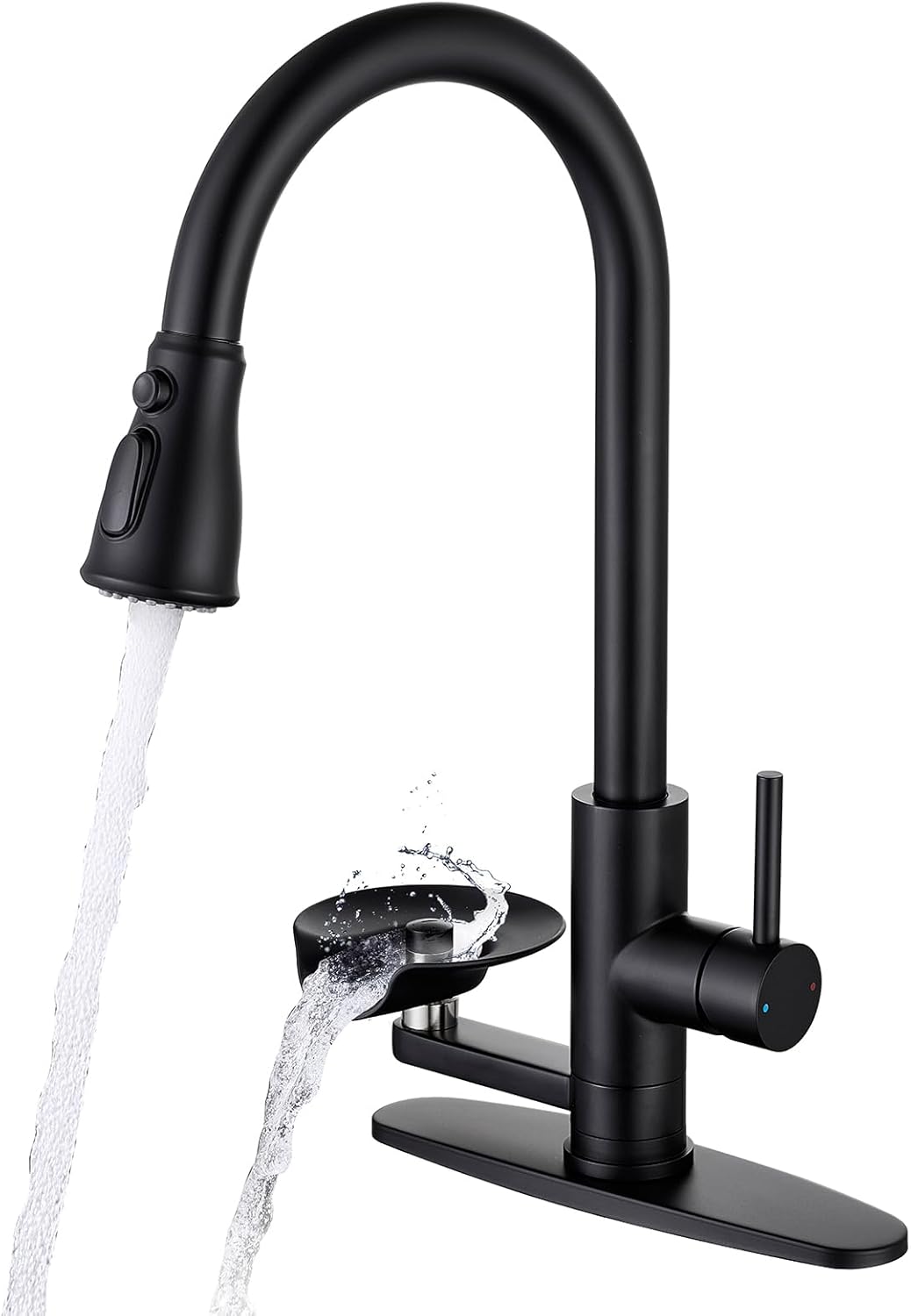 Matte Black Kitchen Faucet with Glass Rinser, Pull Down Sprayer with 3 Water Modes, Single Handle Stainless Steel Kitchen Sink Faucet with Deck Plate, Modern High Arc Design