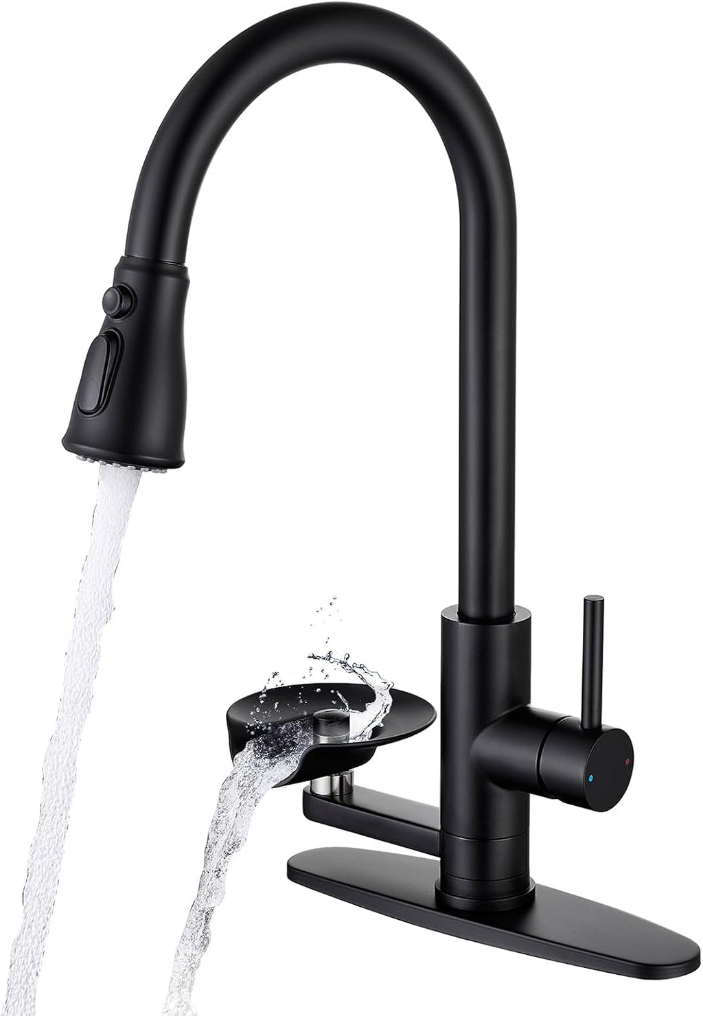 Matte Black Kitchen Faucet with Glass Rinser, Pull Down Sprayer with 3 Water Modes, Single Handle Stainless Steel Kitchen Sink Faucet with Deck Plate, Modern High Arc Design