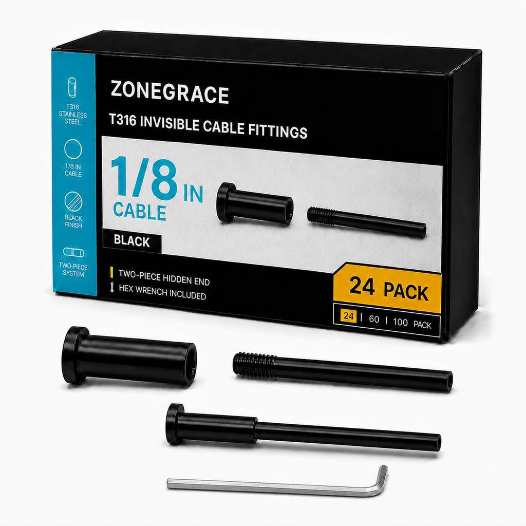 ZONEGRACE 60 Pack Black Cable Railing Hardware, 1/8 Inch T316 Stainless Steel Invisible Receiver Swage Stud End Tensioner, Black Cable Railing Kit for Wood Metal Posts