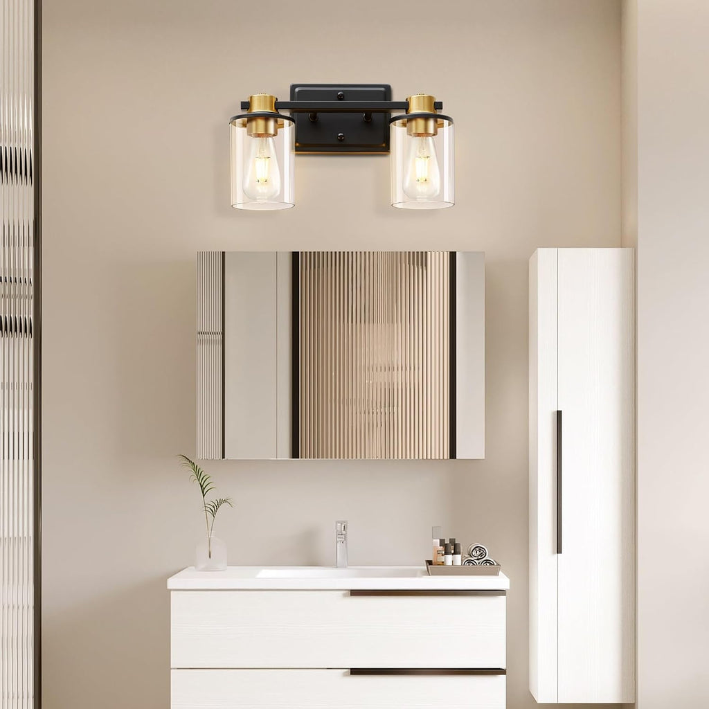 Bathroom Light Fixtures, 2-Light Black and Gold Vanity Lights for Bathroom | Bathroom Vanity Light with Clear Glass Shade, Modern Bathroom Lighting Fixtures Over Mirror for Bedroom Hallway Living Room