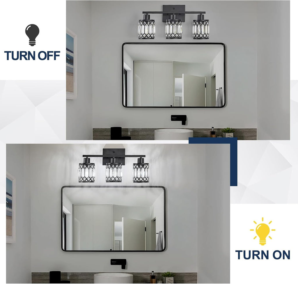 Crystal Modern Bathroom Light Fixtures, 3-Light Black Bathroom Vanity Wall Light, Vanity Lights for Mirror, Restroom, Bedroom (E26 Socket, Bulbs Not Included)