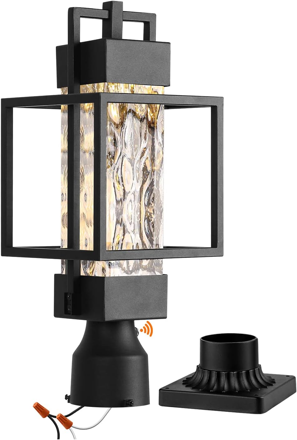 18" H Dusk to Dawn Outdoor Post Light Fixture Hardwired 120V, Waterproof Aluminum Pole Light with Pier Mount Base, Matte Black Exterior Lamp Post Lantern with Water Glass for Garden Yard Patio Path