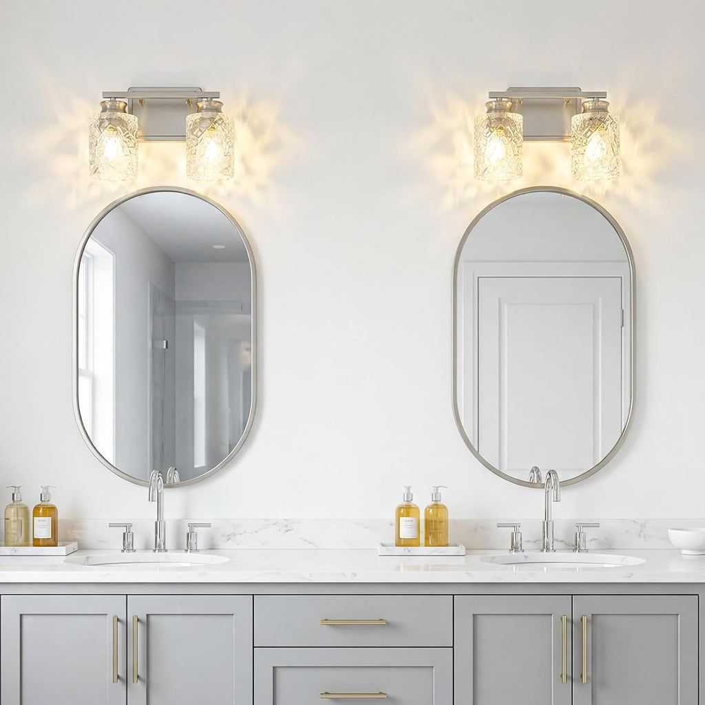 2-Light Brushed Nickel Bathroom Light Fixture | Geometric Crackled Glass Farmhouse Bathroom Lighting for Living Room Bedroom Sink Over Mirror