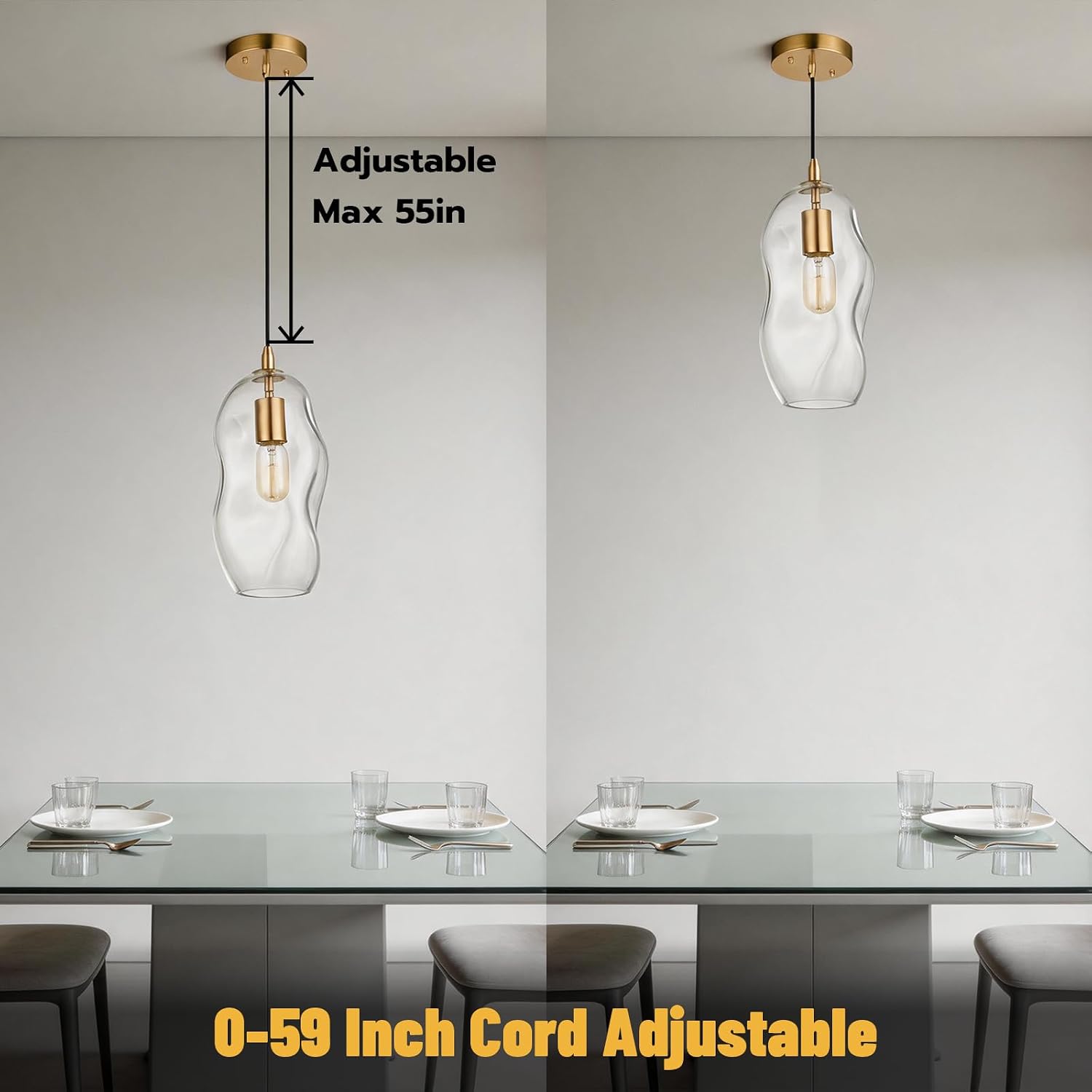 Pendant Light Fixtures 12.5'' Height Adjustable Modern Kitchen Island Lighting Glass Organic Ceiling Hanging Light Fixtures for Bar, Counter, Patio, over Sink, Dining Room, Table - Transparent
