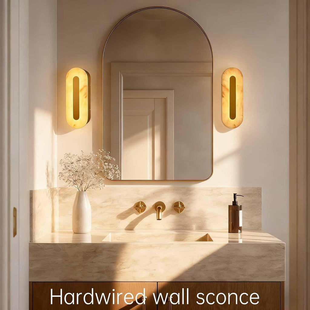 Alabaster Wall Sconces Oval Marble Wall Sconce with Gold Base | Stone Bathroom Vanity Light Fixtures LED Alabaster Lights Hardwired For Living Room Showroom Staircase Bedroom