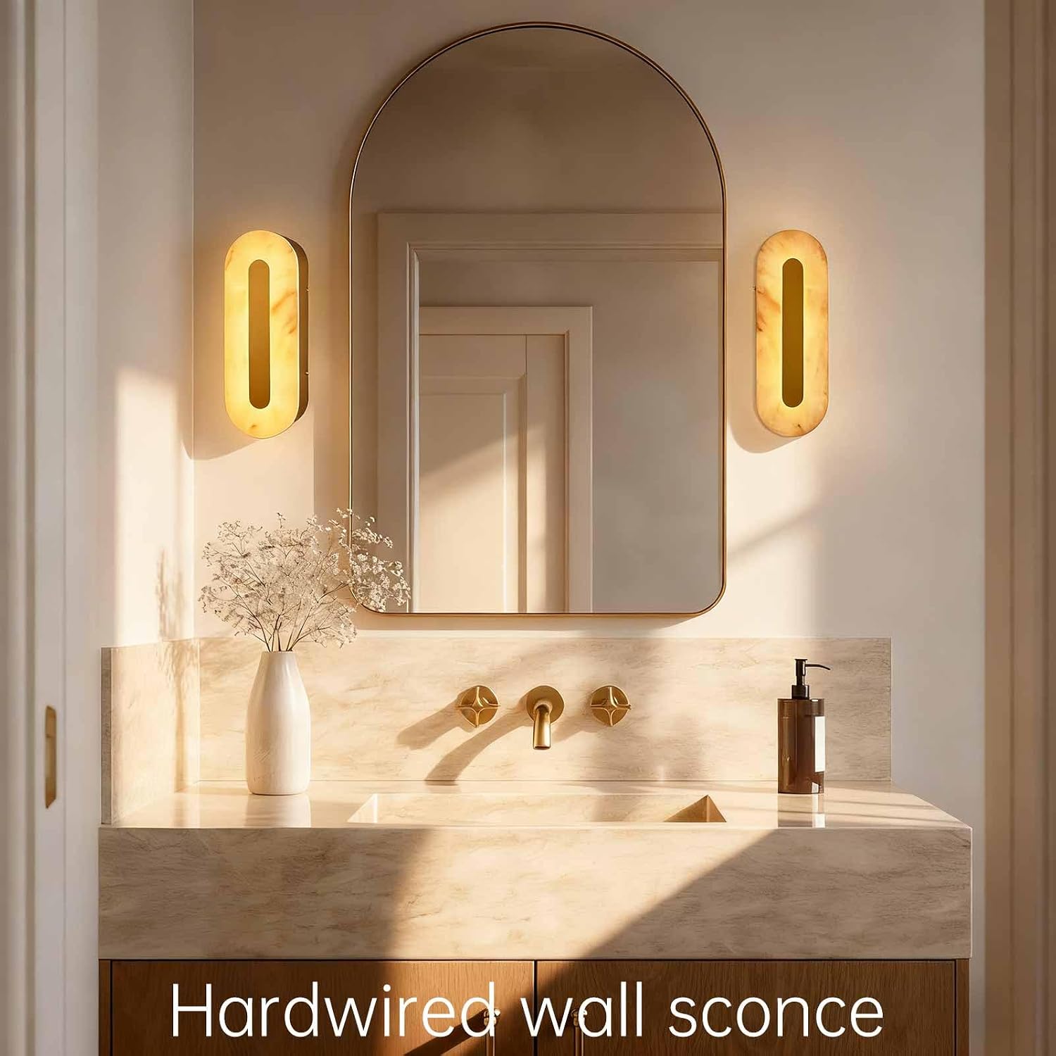 Alabaster Wall Sconces Oval Marble Wall Sconce with Gold Base | Stone Bathroom Vanity Light Fixtures LED Alabaster Lights Hardwired For Living Room Showroom Staircase Bedroom