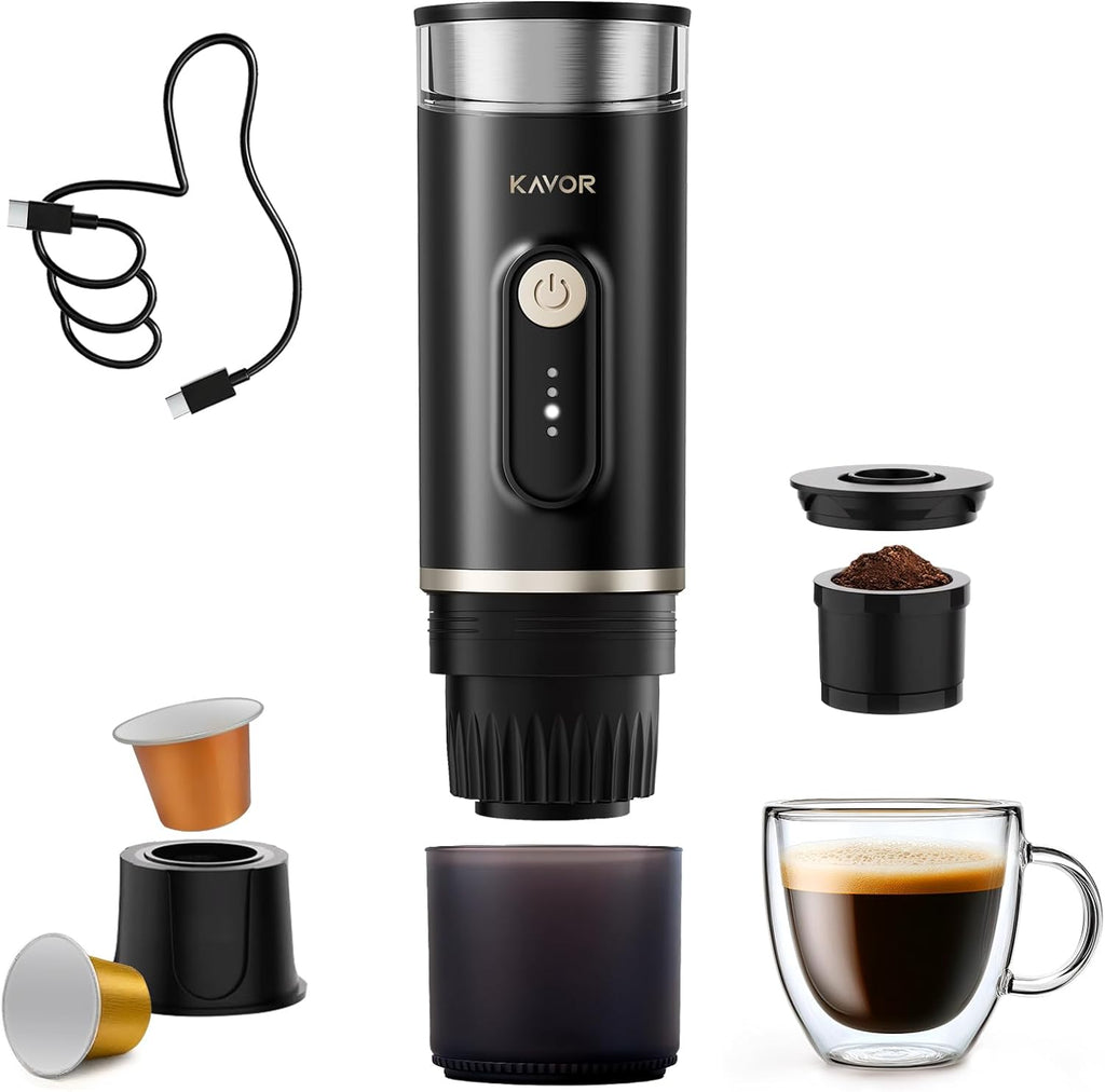 Portable Espresso Machine, 2-in-1 Travel Coffee Maker | 7800mAh battery, hot/cold brew with fast self-heat, for camping RV hiking office, compatible with ground coffee & NS capsules