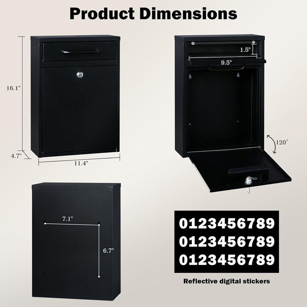 Wall Mount Mailbox for Outside, 16 Inch Drop Box Anti-Theft Heavy Duty Locking Mailbox with 2 Keys for Houses & Apartment, 11.4 x 4.7 x 16 Inches, Black