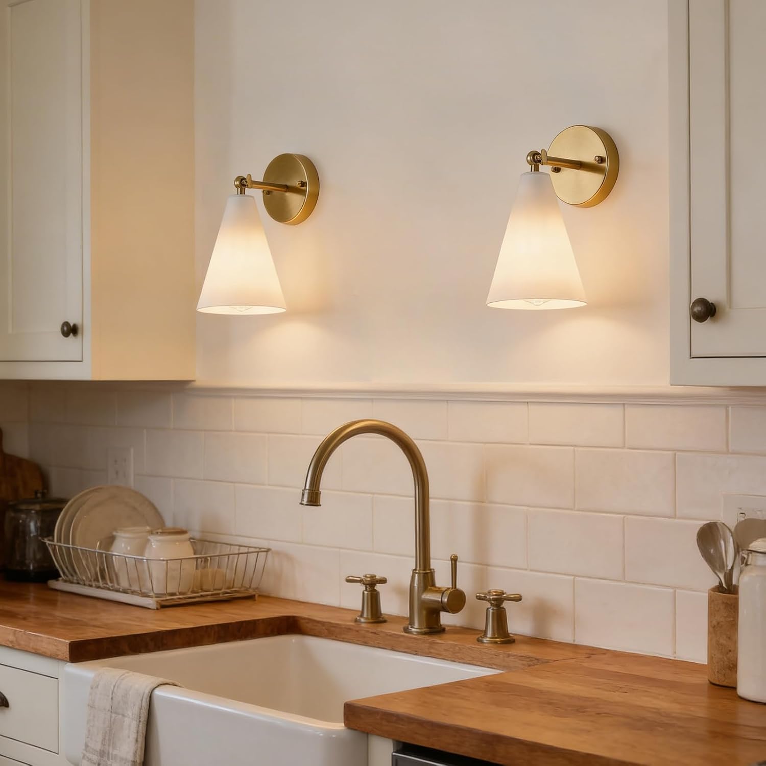 MWZ Gold Wall Sconces Set of 2,Modern Brushed Brass Sconces Lighting with White Glass Shade,Bathroom Light Fixtures Over Mirror,Vanity Lights Over Sink,Indoor Decor Wall Mount Adjustable Angle Lamp