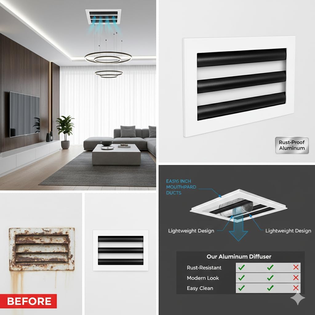 Linear Slot Air Vent Cover 10x9 White Aluminum Diffuser – Modern 3-Slot HVAC Register Grille for Ceiling, Wall & Floor – Fits 10x6 Duct Opening by ClearStyle