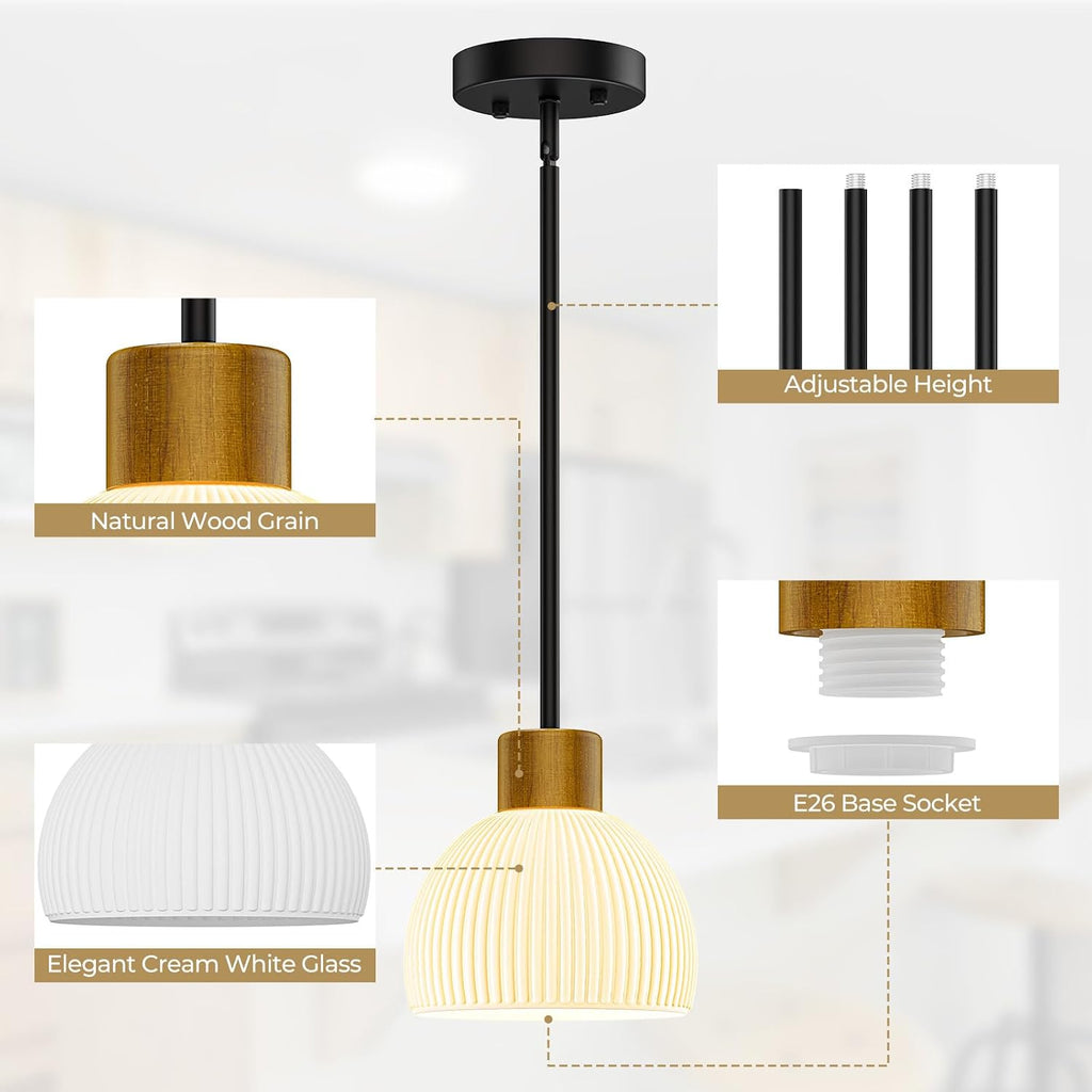 Pendant Lights Kitchen Island, Modern Gold Hanging Light Fixture with Glass Shade, Hardwired Adjustable Metal Rod for Dining Room, Entryway (1, Black)