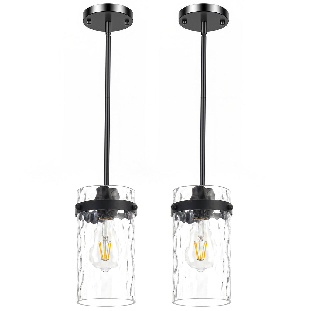 Refice Pendant Lights Kitchen Island, Black Hanging Lighting with Hammered Glass, Modern Mini Pendant Light Fixture for Dining Room Bedroom, 1 Pack