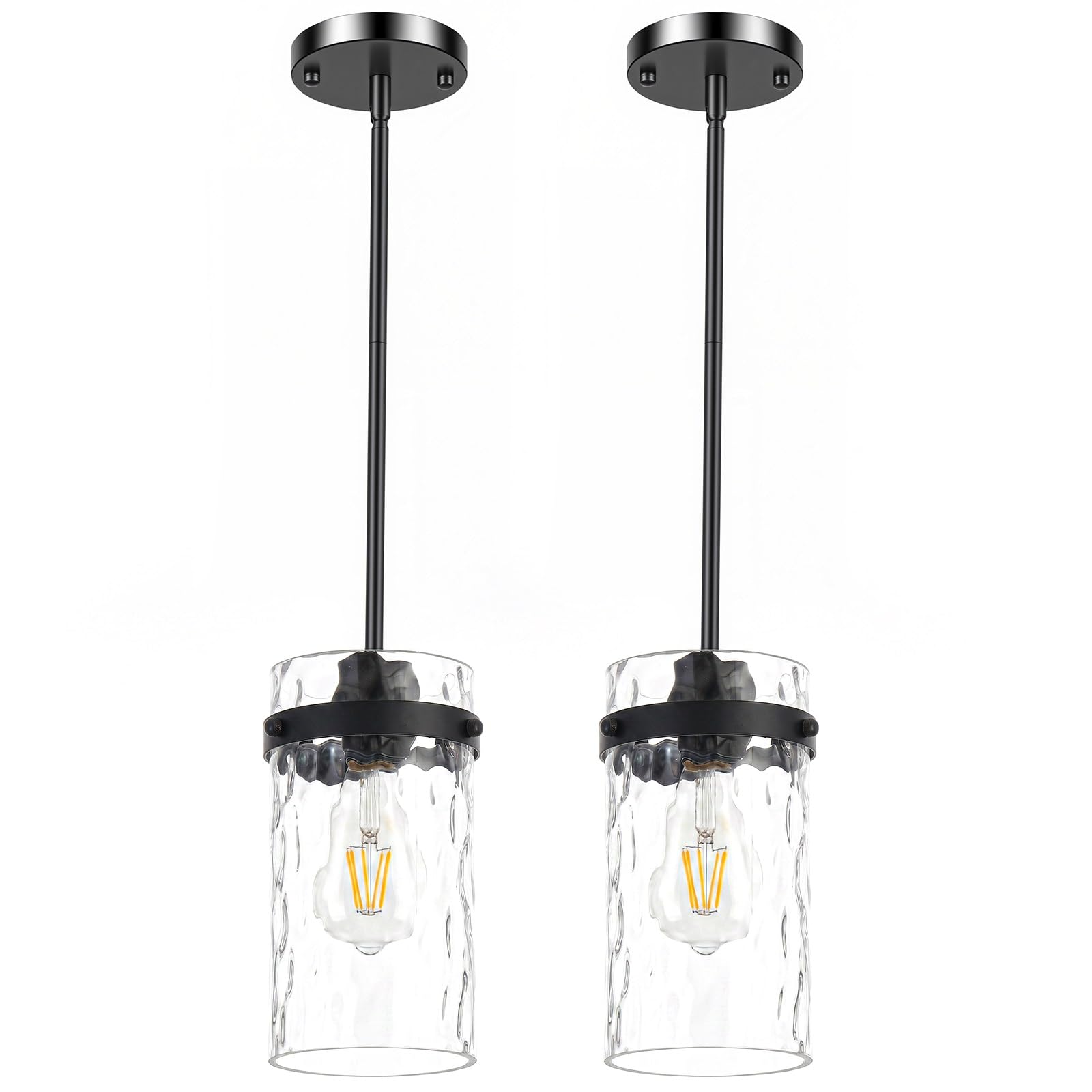 Refice Pendant Lights Kitchen Island, Black Hanging Lighting with Hammered Glass, Modern Mini Pendant Light Fixture for Dining Room Bedroom, 1 Pack