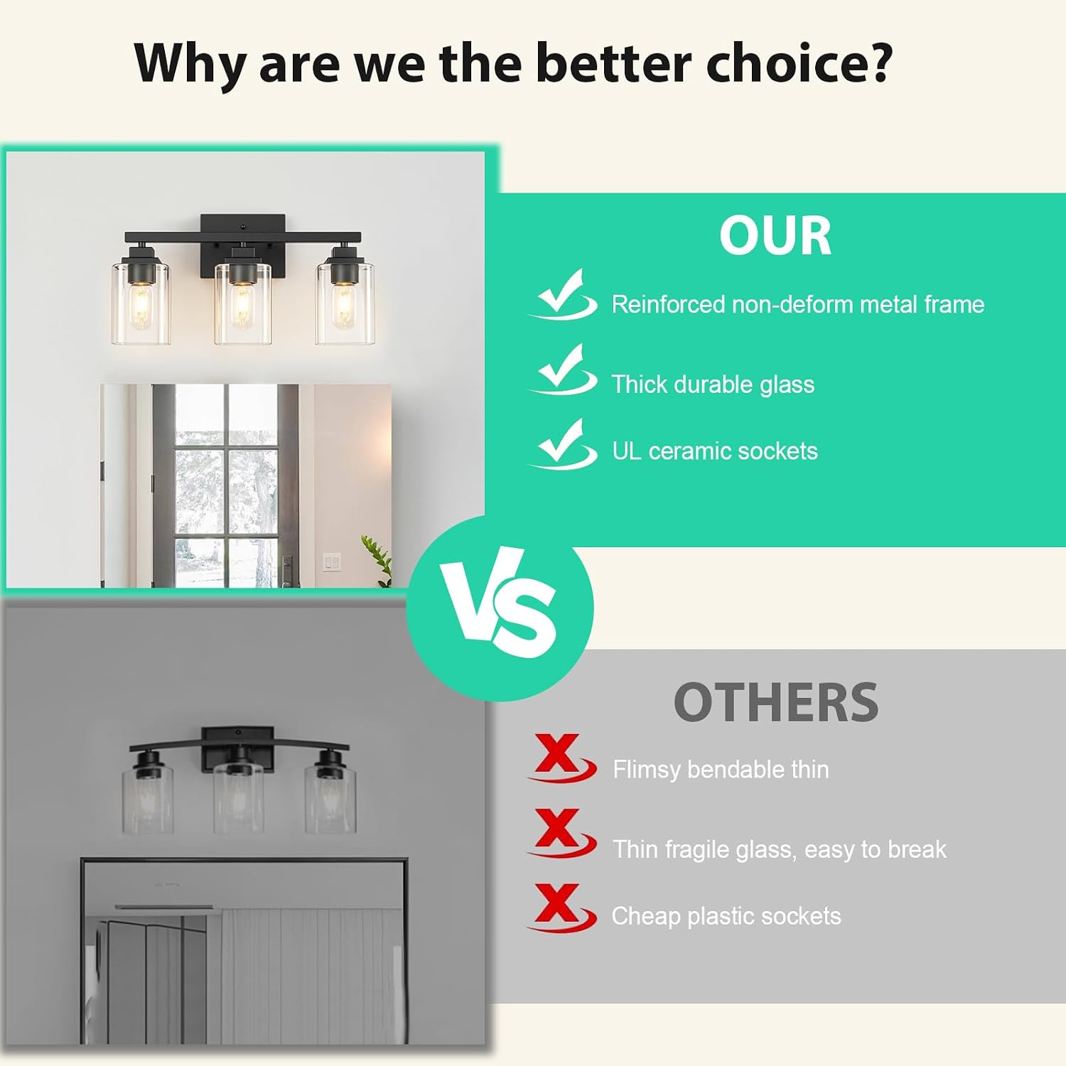 Matte Black Bathroom Vanity Light, 3-Light Modern Vanity Lighting Fixtures Over Mirror with Clear Glass Shade,Square Design,Wall Sconces for Living Room Cabinet Bedroom,E26 Socket
