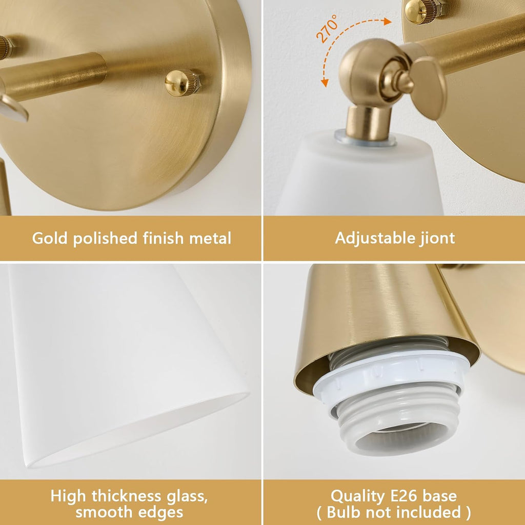 MWZ Gold Wall Sconces Set of 2,Modern Brushed Brass Sconces Lighting with White Glass Shade,Bathroom Light Fixtures Over Mirror,Vanity Lights Over Sink,Indoor Decor Wall Mount Adjustable Angle Lamp