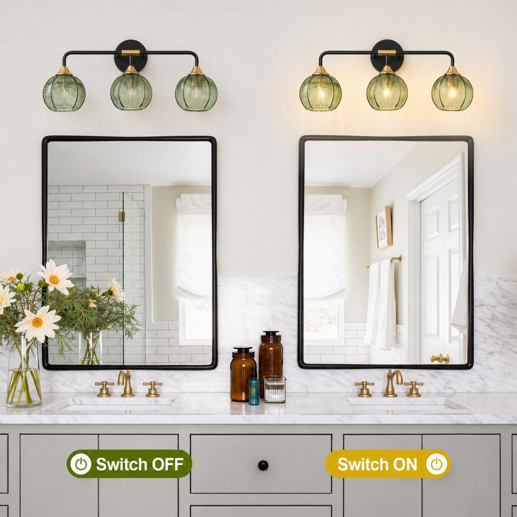 Modern Bathroom Vanity Light with Glass Shade | 3 Light Bathroom Vanity Light, Unique Leaf Texture Glass Shade, Matte Black and Glod, 23.5 Inches