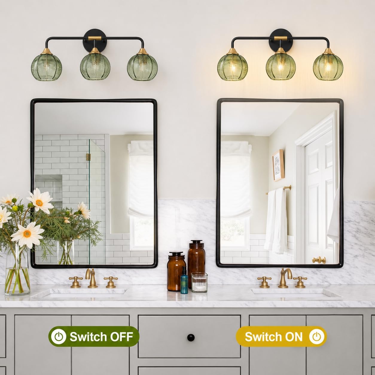 Modern Bathroom Vanity Light with Glass Shade | 3 Light Bathroom Vanity Light, Unique Leaf Texture Glass Shade, Matte Black and Glod, 23.5 Inches