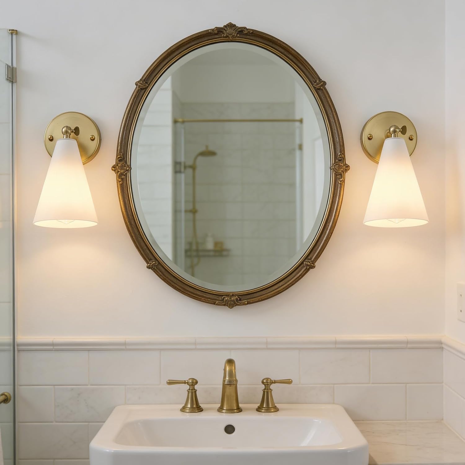 MWZ Gold Wall Sconces Set of 2,Modern Brushed Brass Sconces Lighting with White Glass Shade,Bathroom Light Fixtures Over Mirror,Vanity Lights Over Sink,Indoor Decor Wall Mount Adjustable Angle Lamp