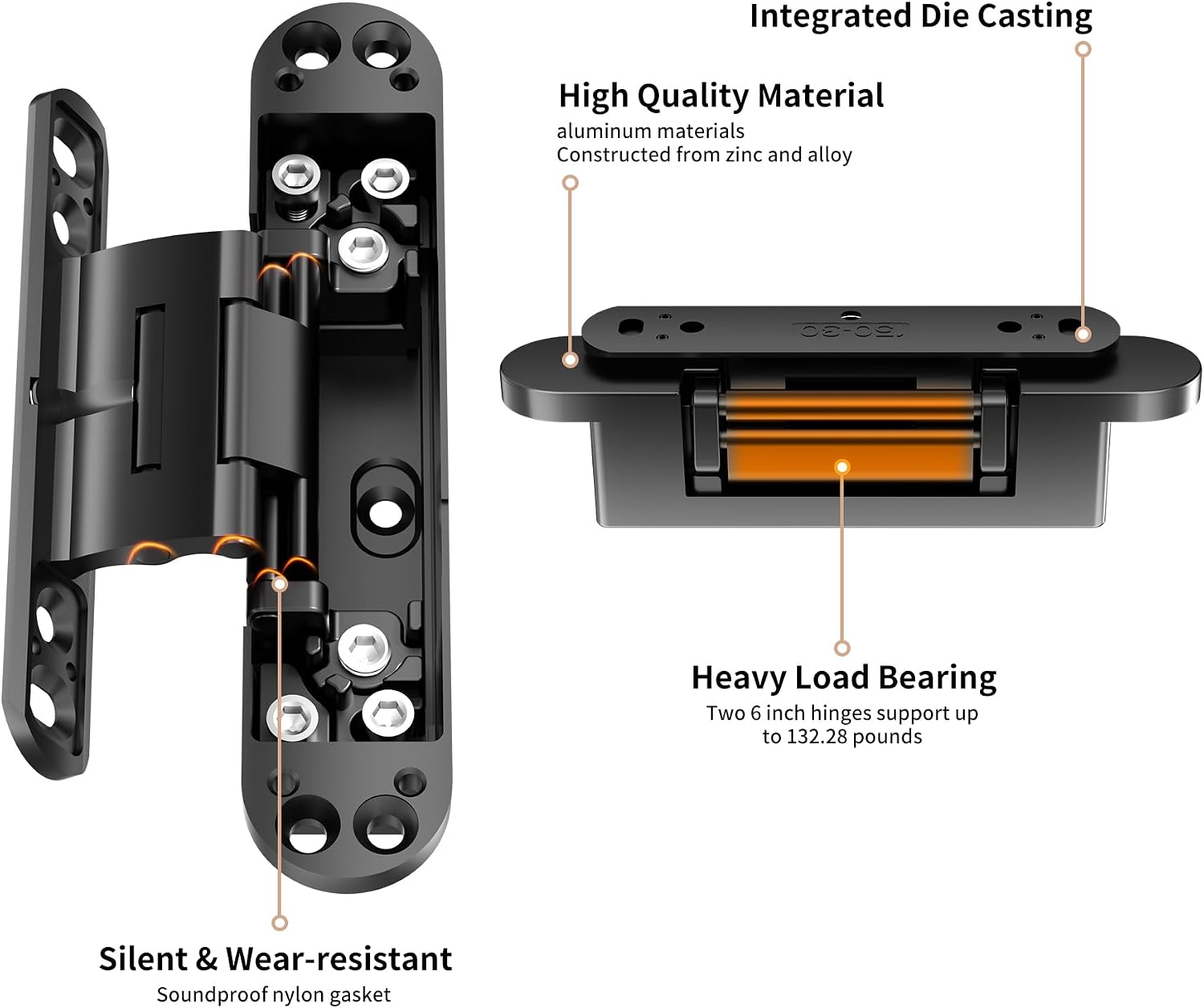6 Inch Hidden Door Hinge Heavy Duty 3 Way Adjustable Invisible Hinges | 2pack Black 120 Degree Swing Zinc Alloy Silent Butt Concealed Hinge for Secret Room Bookcase Bookshelf Wood Door