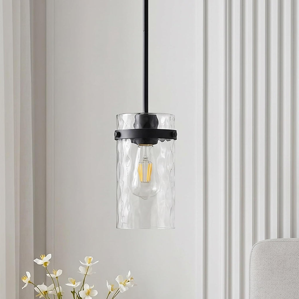 Refice Pendant Lights Kitchen Island, Black Hanging Lighting with Hammered Glass, Modern Mini Pendant Light Fixture for Dining Room Bedroom, 1 Pack