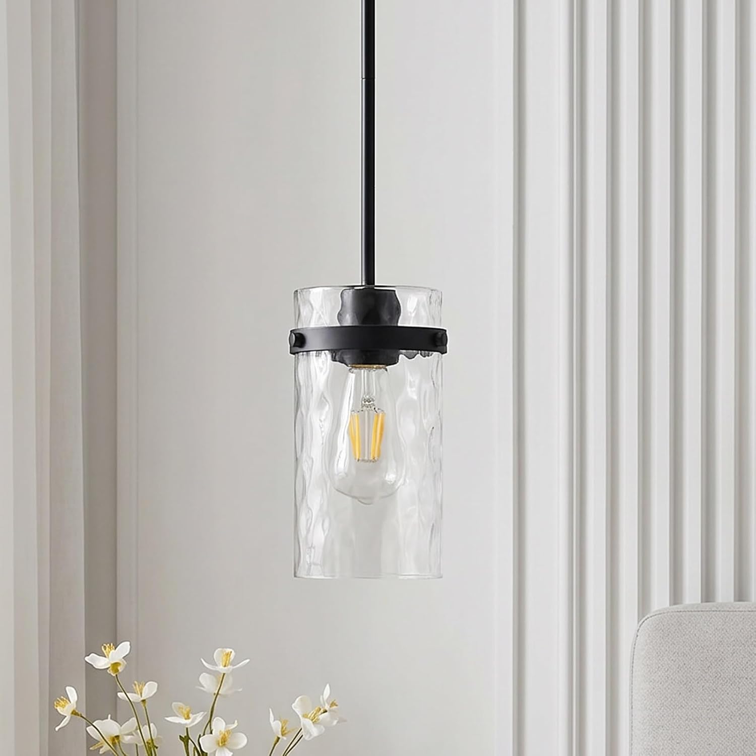 Refice Pendant Lights Kitchen Island, Black Hanging Lighting with Hammered Glass, Modern Mini Pendant Light Fixture for Dining Room Bedroom, 1 Pack