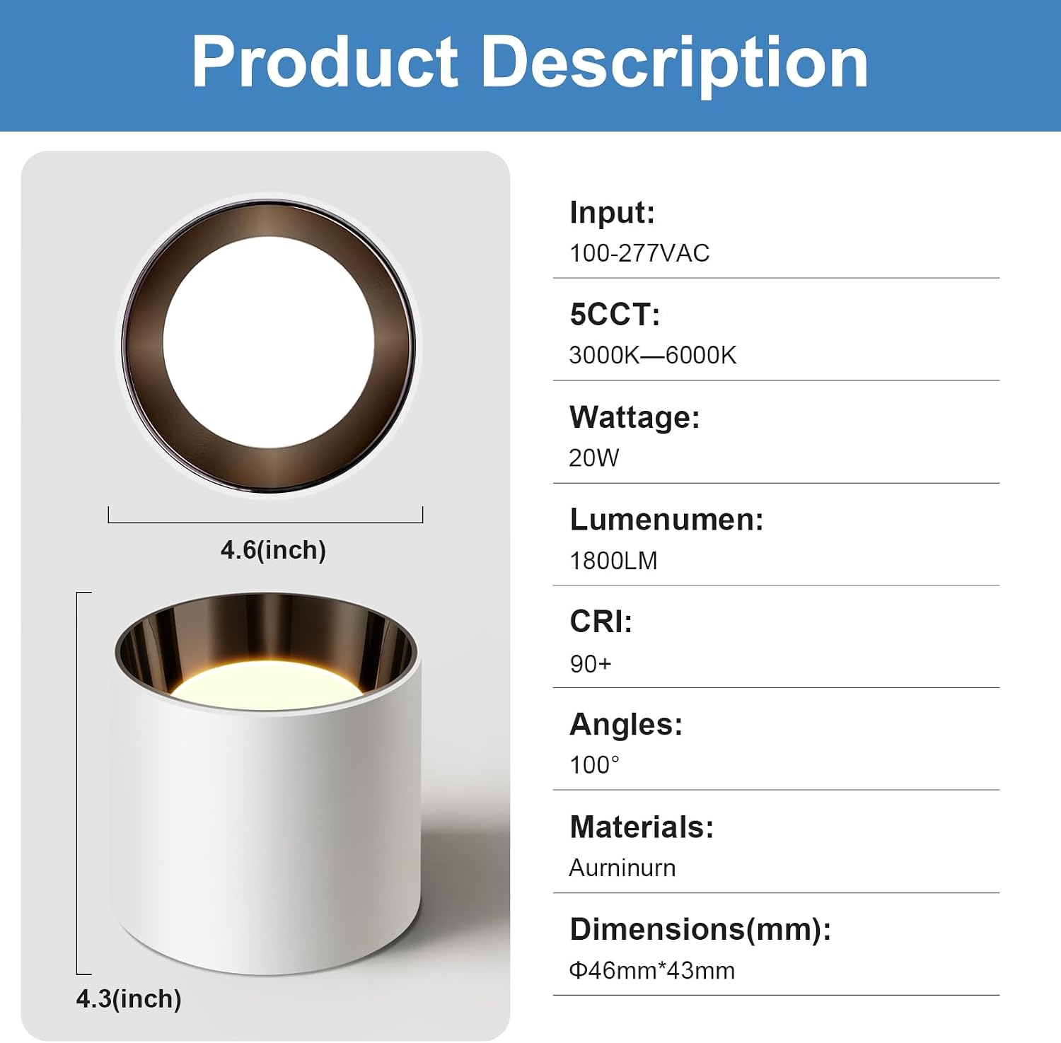 White Ceiling Light Fixture, 4.8" 20W LED Fulsh Mount Cylinder Ceiling Light for Hallway, 3CCT 3000K-6000K Dimmable Modern Lighting - 1Pack