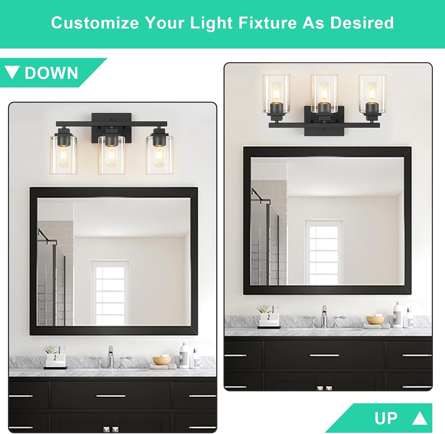 Matte Black Bathroom Vanity Light, 3-Light Modern Vanity Lighting Fixtures Over Mirror with Clear Glass Shade,Square Design,Wall Sconces for Living Room Cabinet Bedroom,E26 Socket