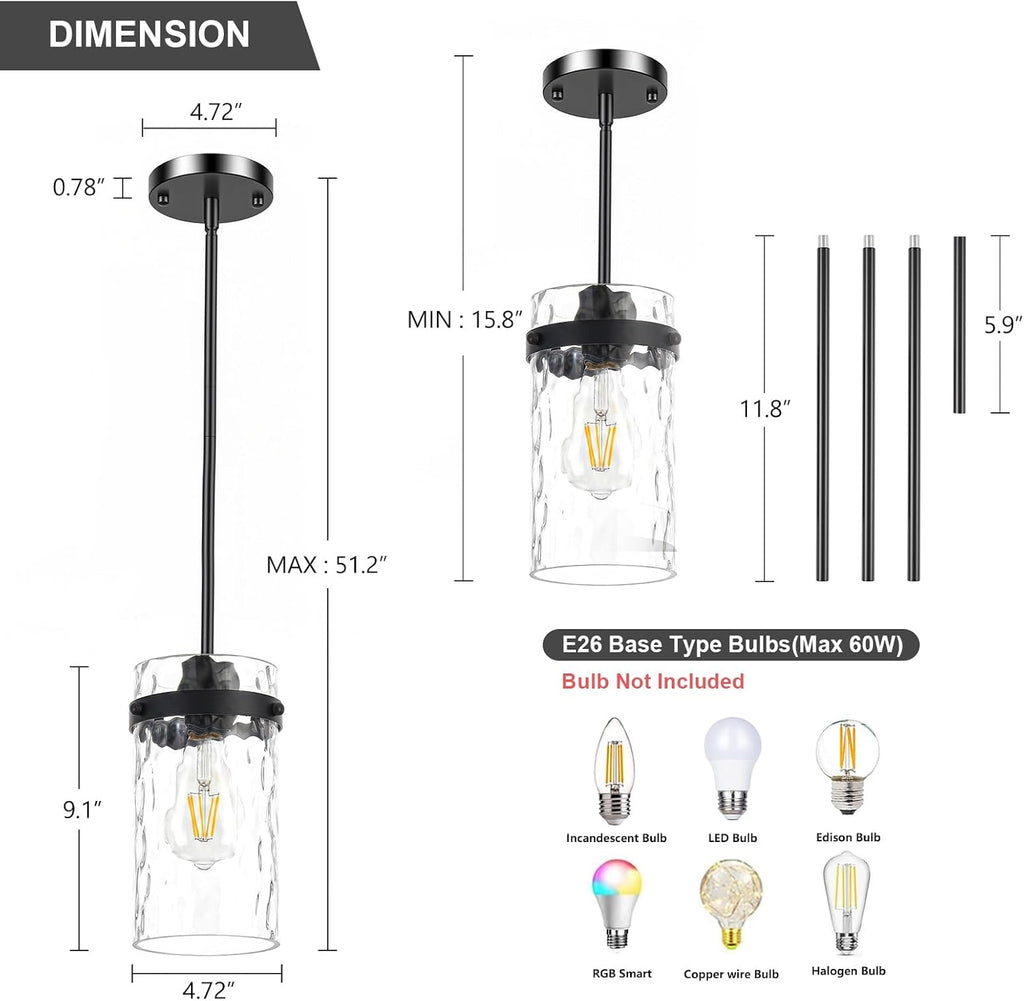 Refice Pendant Lights Kitchen Island, Black Hanging Lighting with Hammered Glass, Modern Mini Pendant Light Fixture for Dining Room Bedroom, 1 Pack