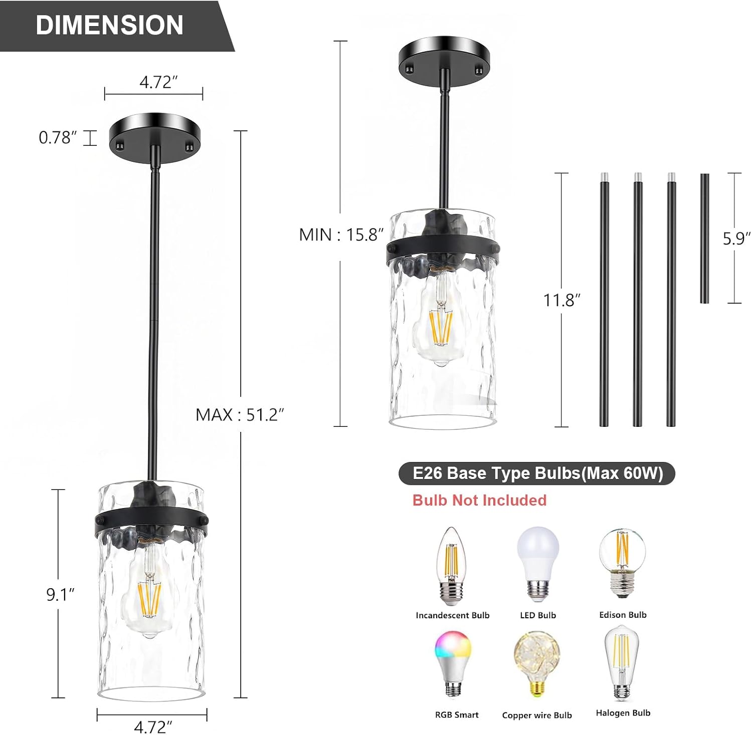 Refice Pendant Lights Kitchen Island, Black Hanging Lighting with Hammered Glass, Modern Mini Pendant Light Fixture for Dining Room Bedroom, 1 Pack