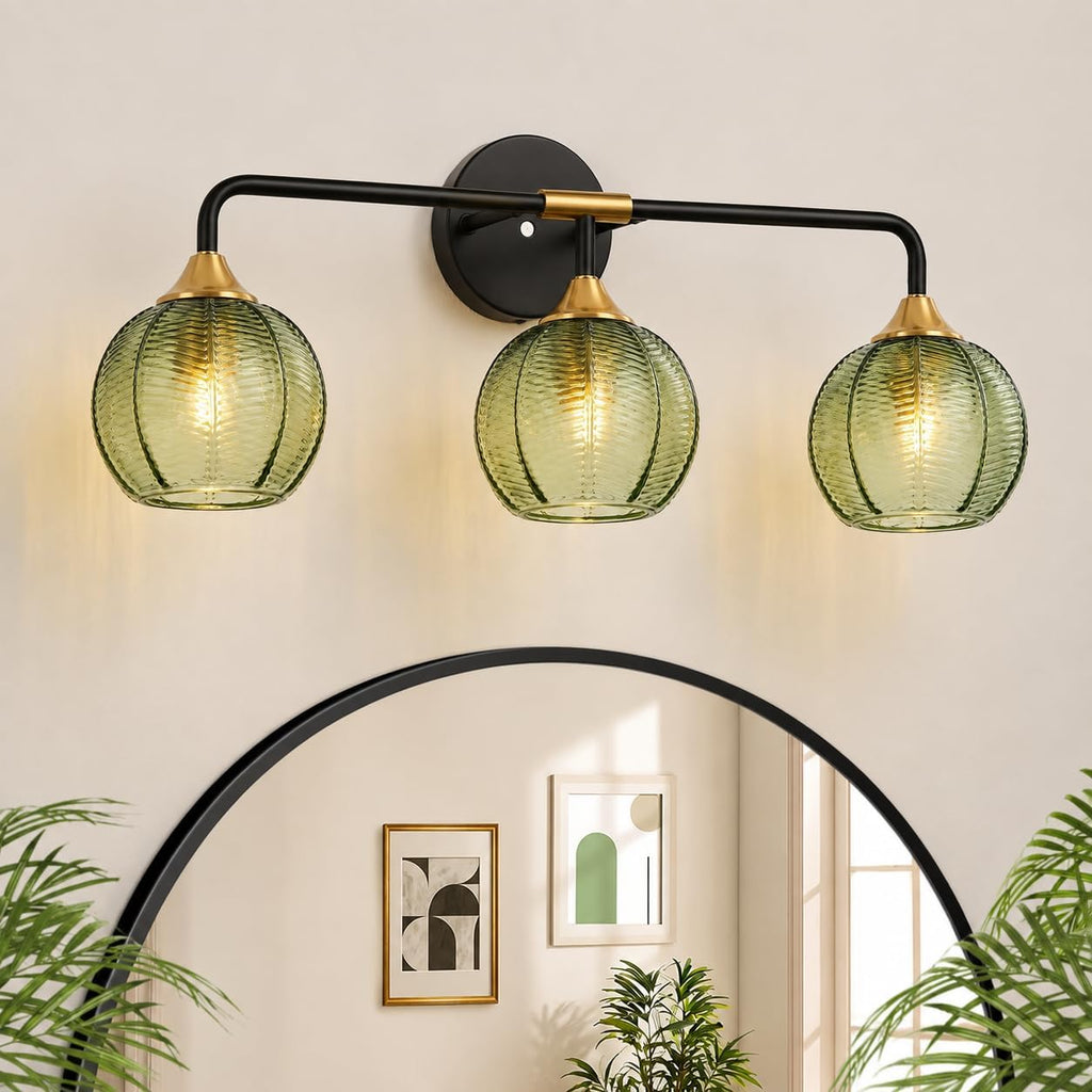 Modern Bathroom Vanity Light with Glass Shade | 3 Light Bathroom Vanity Light, Unique Leaf Texture Glass Shade, Matte Black and Glod, 23.5 Inches