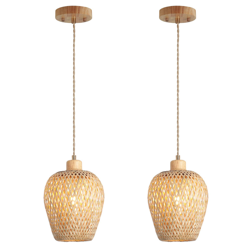 Bamboo Pendant Light Fixture One-Light Adjustable Boho Basket Handmade Woven Small Pendant Lighting for Kitchen Island Sink Bar Hallway Farmhouse