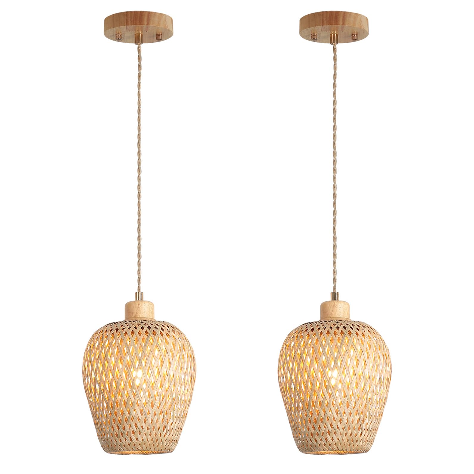 Bamboo Pendant Light Fixture One-Light Adjustable Boho Basket Handmade Woven Small Pendant Lighting for Kitchen Island Sink Bar Hallway Farmhouse