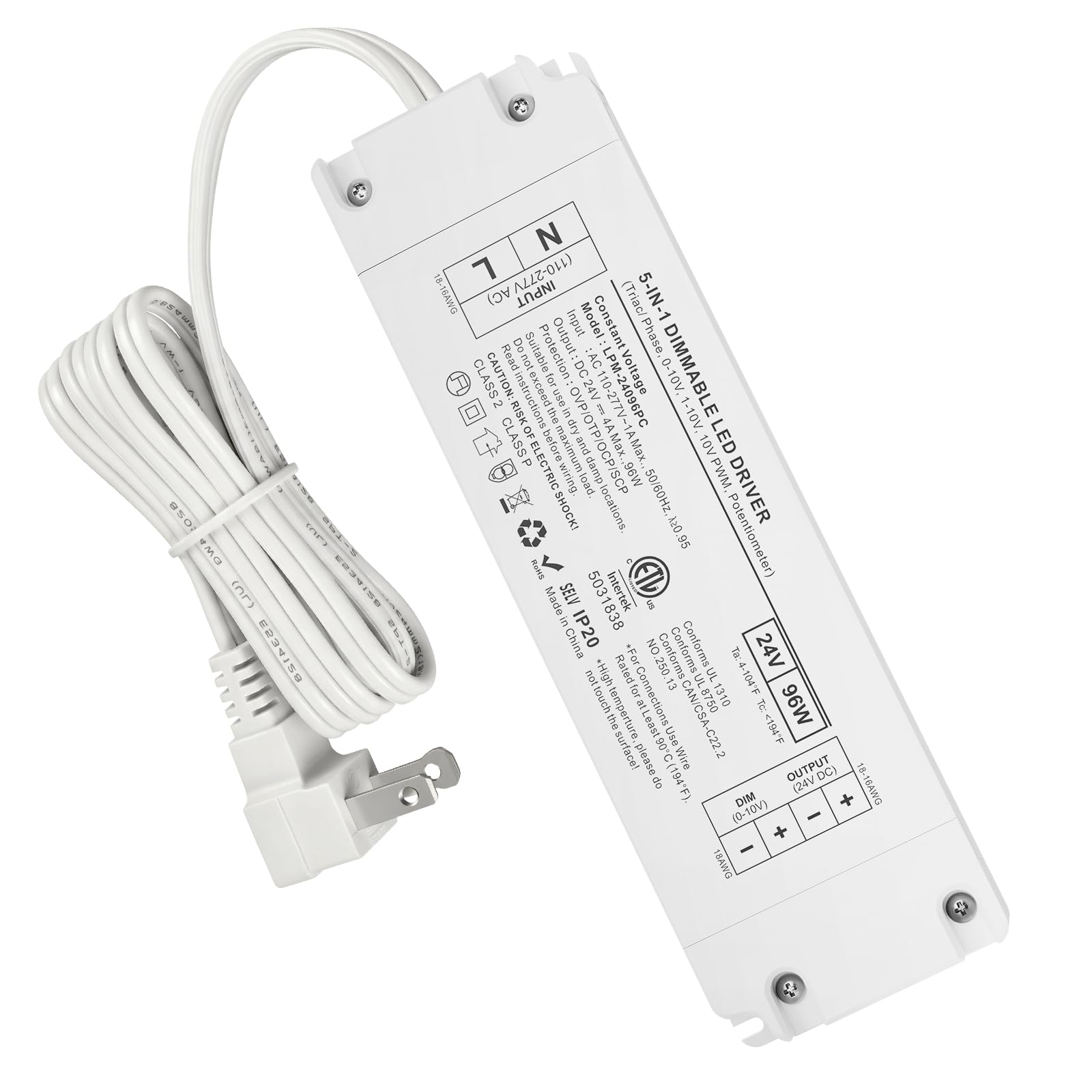 24V 60W 5-in-1 Dimmable LED Driver, 24V Dimmable Transformer ETL Certified | TRIAC/MLV/ELV/0-10V/1-10V/10V PWM/Potentiometer Control, IP20 Indoor Constant Voltage Power Supply for LED Lighting