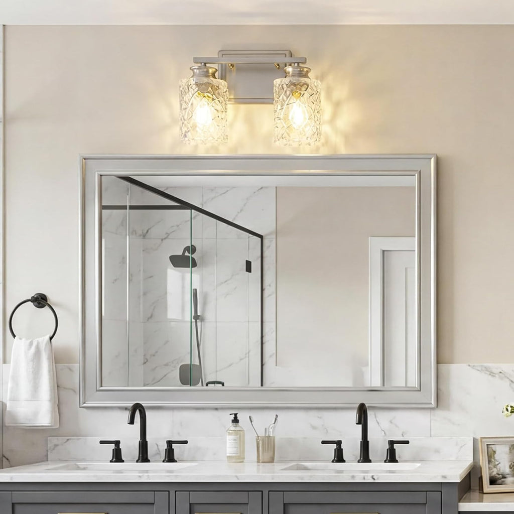 2-Light Brushed Nickel Bathroom Light Fixture | Geometric Crackled Glass Farmhouse Bathroom Lighting for Living Room Bedroom Sink Over Mirror