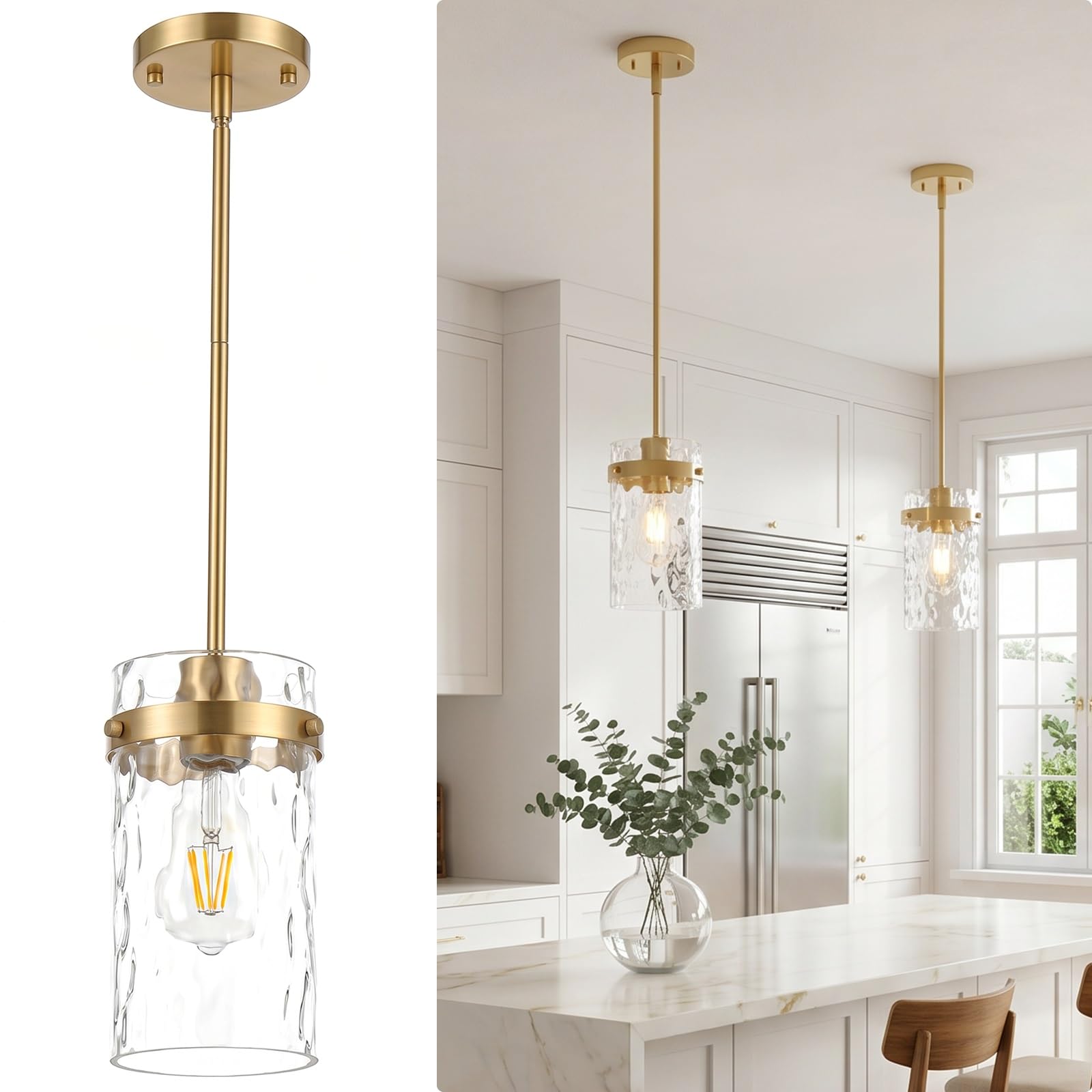 Refice Pendant Lights Kitchen Island, Black Hanging Lighting with Hammered Glass, Modern Mini Pendant Light Fixture for Dining Room Bedroom, 1 Pack