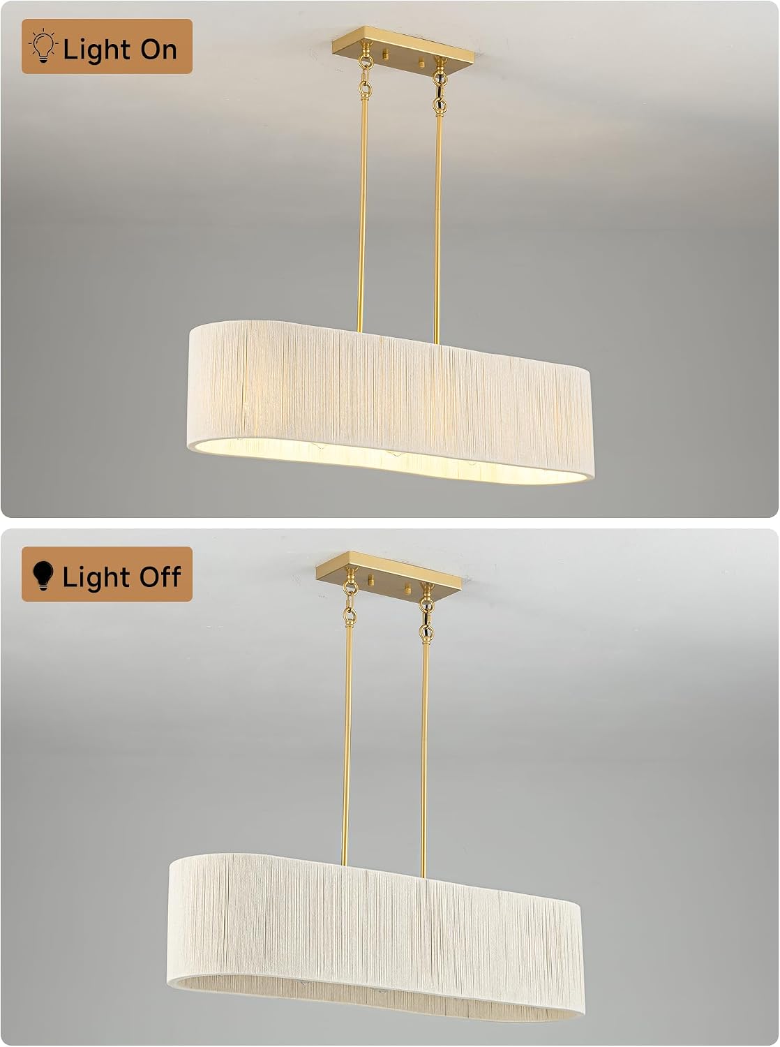 35”Hand Woven Rattan Chandelier, Boho Dining Room Pendant Light Fixture | Coastal Modern Farmhouse Rectangle Chandeliers with Adjustable Downrod for Kitchen Island,Living Room,Restaurant,Bar,White