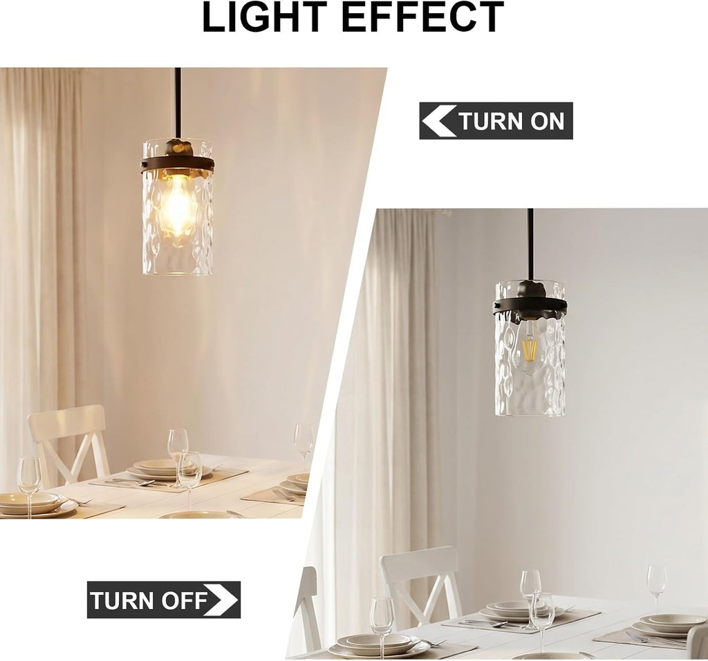 Refice Pendant Lights Kitchen Island, Black Hanging Lighting with Hammered Glass, Modern Mini Pendant Light Fixture for Dining Room Bedroom, 1 Pack
