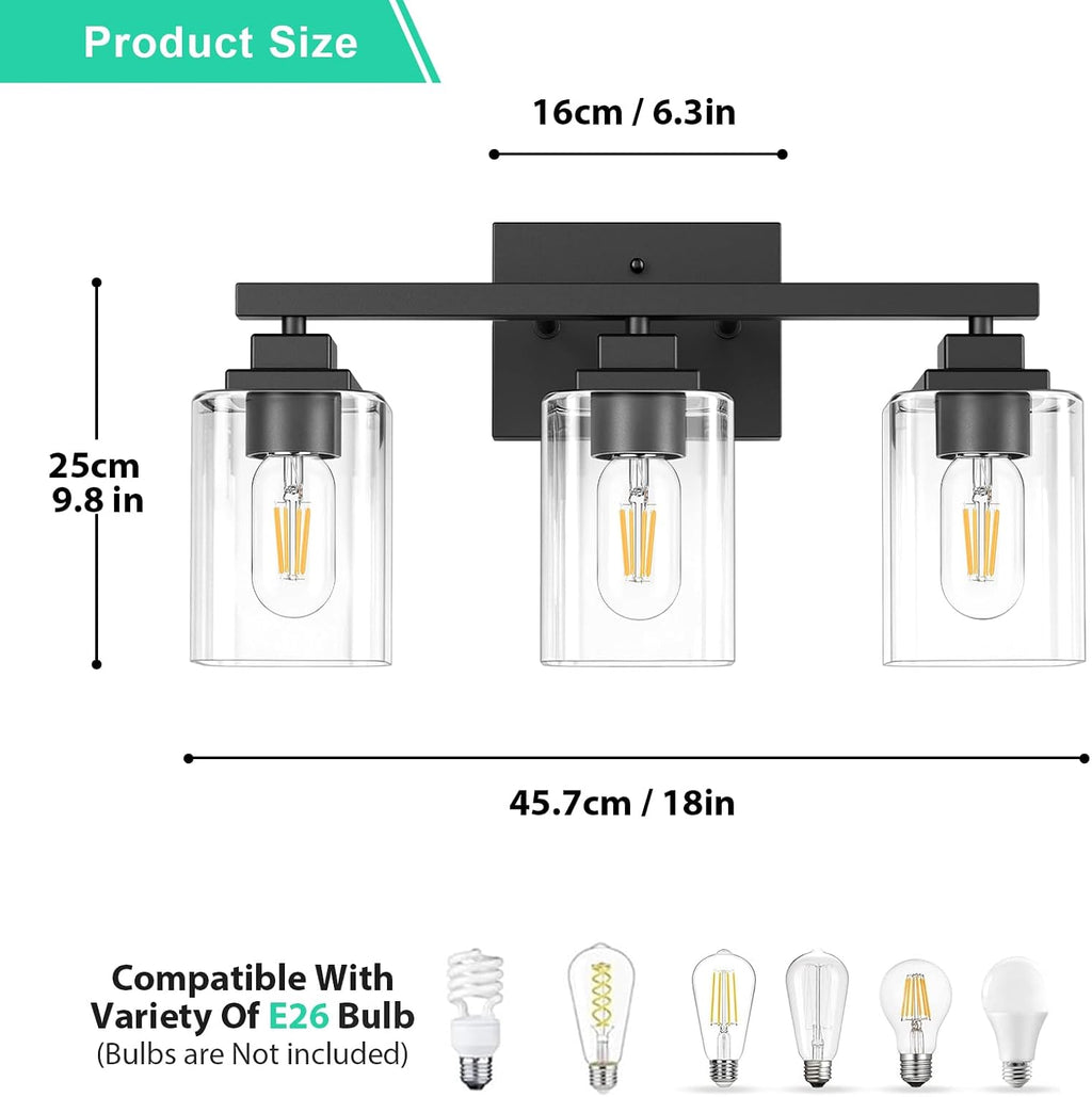 Matte Black Bathroom Vanity Light, 3-Light Modern Vanity Lighting Fixtures Over Mirror with Clear Glass Shade,Square Design,Wall Sconces for Living Room Cabinet Bedroom,E26 Socket
