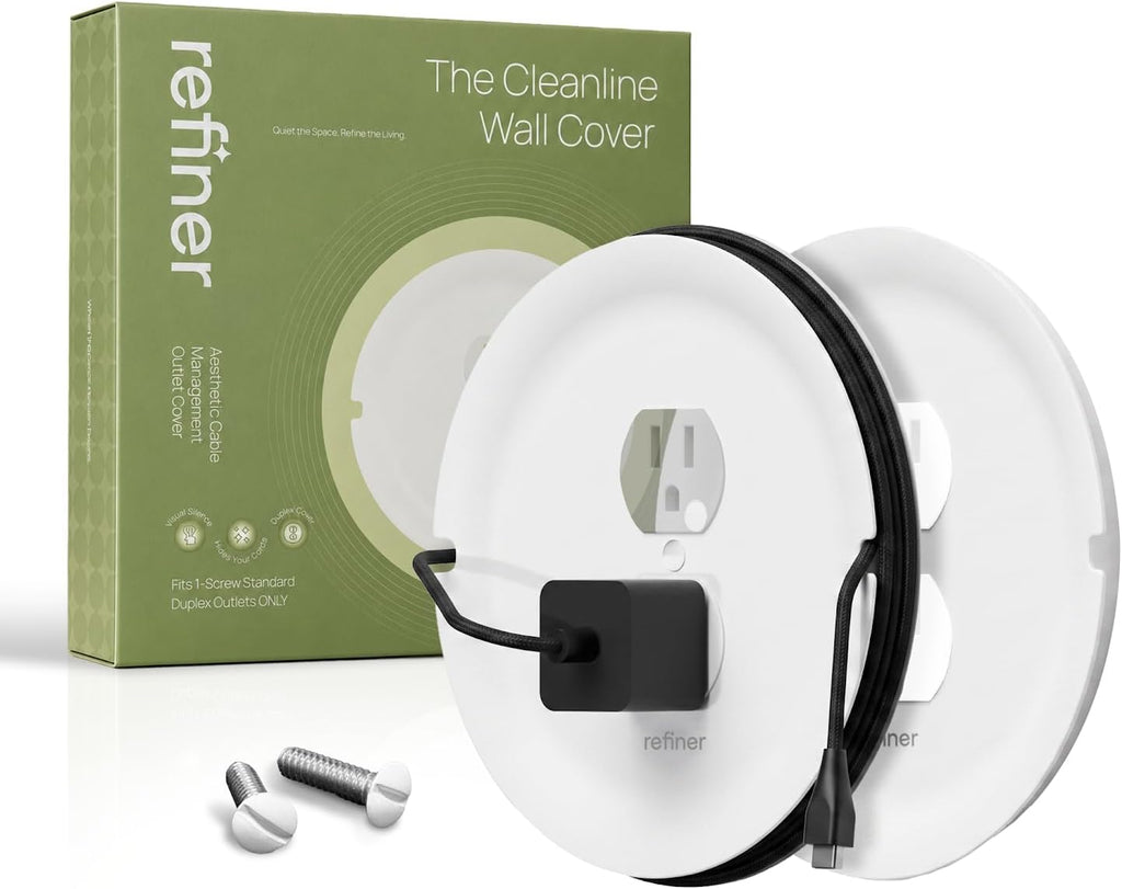 Refiner Cable Management Outlet Covers with Cord Hider Wall Plate, 2-Pack | Outlet Cover with Built-in Cable Storage Cavity | Cord Hider Conceals Messy Wires for Desk, Bedside, Kitchen Counter