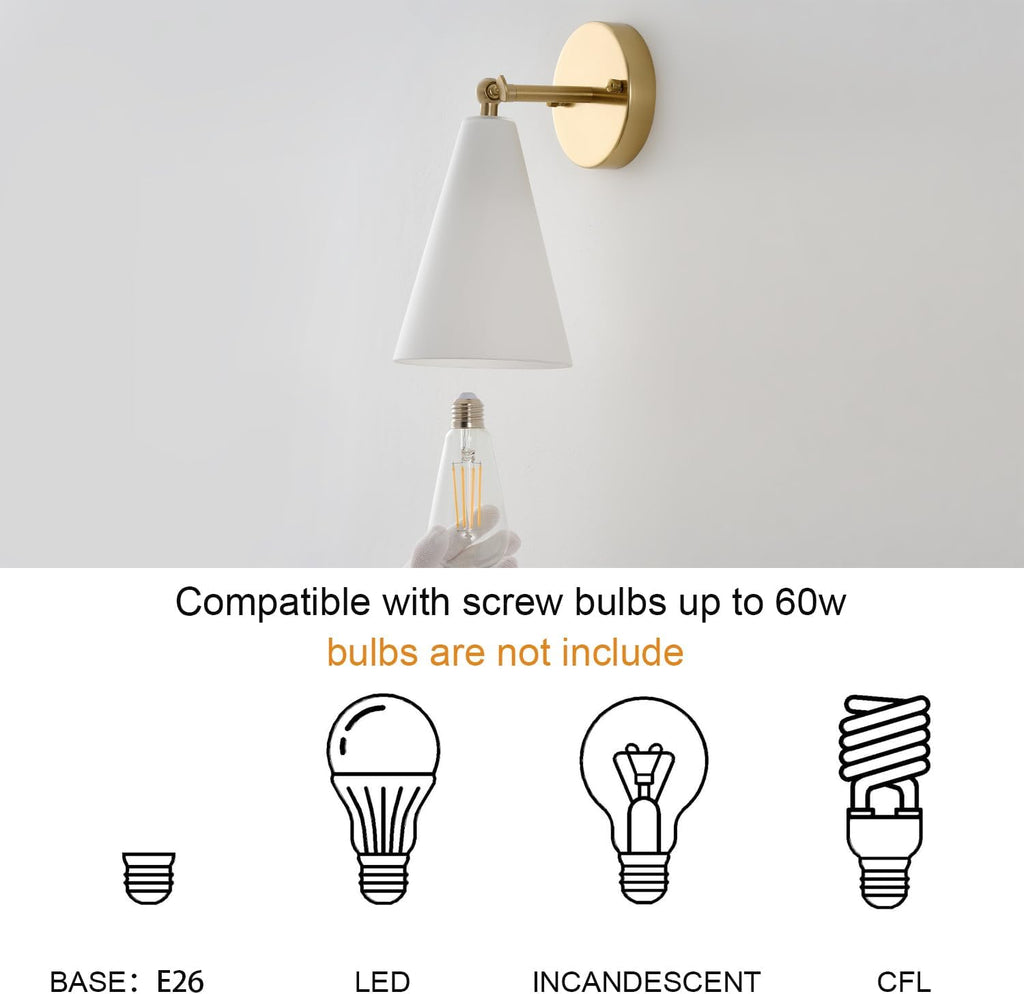 MWZ Gold Wall Sconces Set of 2,Modern Brushed Brass Sconces Lighting with White Glass Shade,Bathroom Light Fixtures Over Mirror,Vanity Lights Over Sink,Indoor Decor Wall Mount Adjustable Angle Lamp