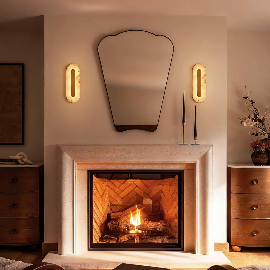 Alabaster Wall Sconces Oval Marble Wall Sconce with Gold Base | Stone Bathroom Vanity Light Fixtures LED Alabaster Lights Hardwired For Living Room Showroom Staircase Bedroom