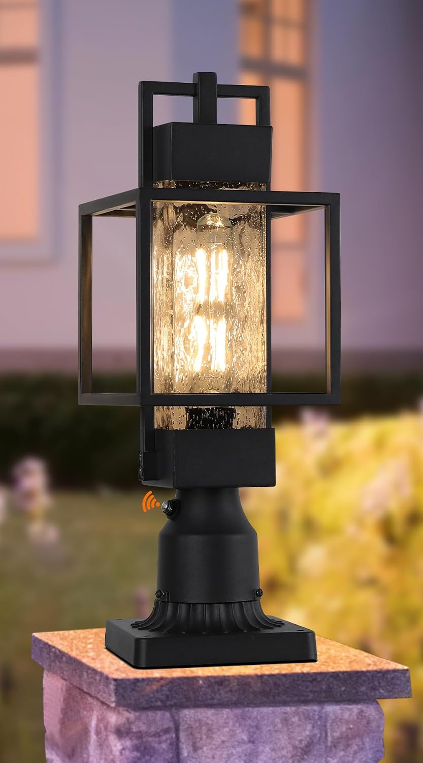 18" H Dusk to Dawn Outdoor Post Light Fixture Hardwired 120V, Waterproof Aluminum Pole Light with Pier Mount Base, Matte Black Exterior Lamp Post Lantern with Water Glass for Garden Yard Patio Path