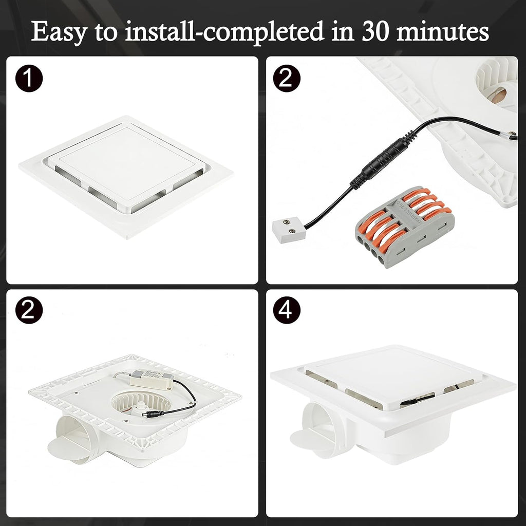 Bathroom Exhaust Fan with LED Light 125 CFM, 9.5" Panel, 0.7 Sone Low Noise，Cutout Size 8"x8"，Duct 4 Inch Quiet Bath Ceiling Vent Fan Combo with 6500K 1200LM LED Light, for Bathroom, Laundry, Shower