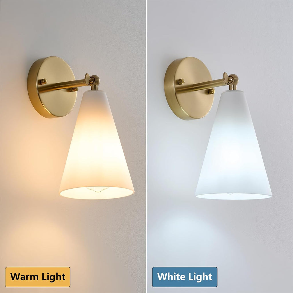 MWZ Gold Wall Sconces Set of 2,Modern Brushed Brass Sconces Lighting with White Glass Shade,Bathroom Light Fixtures Over Mirror,Vanity Lights Over Sink,Indoor Decor Wall Mount Adjustable Angle Lamp