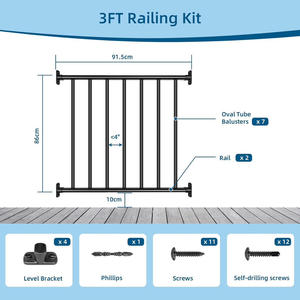38in H x 3ft W Aluminum Deck Railing with a Matte Black Powder-Coated Finish, Suitable for Outdoor Railing kit on porches and patios,1 Panel
