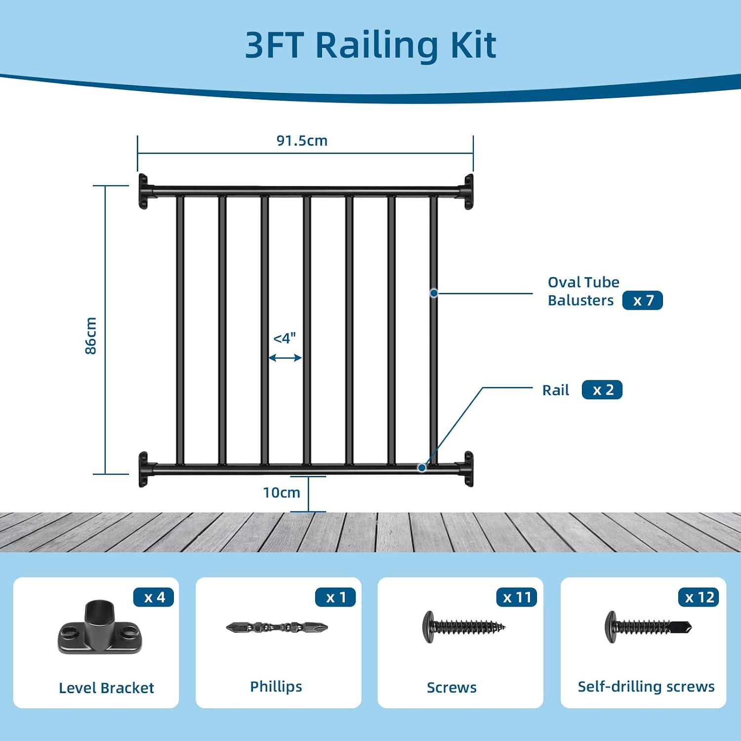 38in H x 3ft W Aluminum Deck Railing with a Matte Black Powder-Coated Finish, Suitable for Outdoor Railing kit on porches and patios,1 Panel
